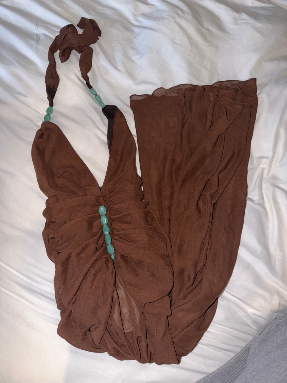 Brown Halter Maxi Dress with Turquoise Bead Detail